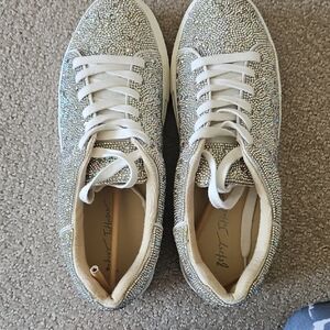 Betsey Johnson Silver Crystal Embellished Lace-Up Sneakers